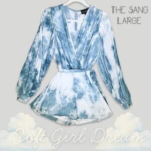 The Sang Womens Large Blue Tie Dye Pleated Wrap Romper Soft Girl Dreamy